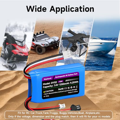 7.4V Lipo Battery 2S 30C 1250mAh with JST&PH2.0&MX2.0&SM2.0 Plug Connector and USB Charger for SCX24 CR18P FCX18 FCX24 RC Crawler WLtoys A949 K929 and 1/10, 1/16, 1/18, 1/24 RC Car/Boat/Airplane