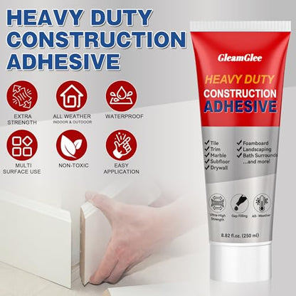 Heavy Duty Construction Adhesive, 8.8 fl oz Waterproof Cement Glue for Concrete, Tile, Stone, Wood, Brick & Drywall, Strong Indoor Outdoor Glue for Walls, Floors & Home Repair