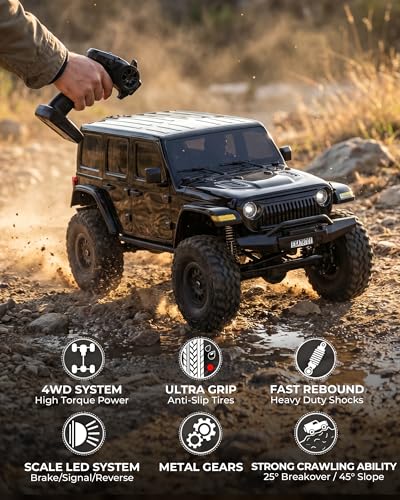 ARRIS RCX24 1/24 RC Rock Crawler 4WD Jeep Truck RTR | Two Batteries, LED Lights, Full Proportional Control, Mini Trail Adventure - color: Black