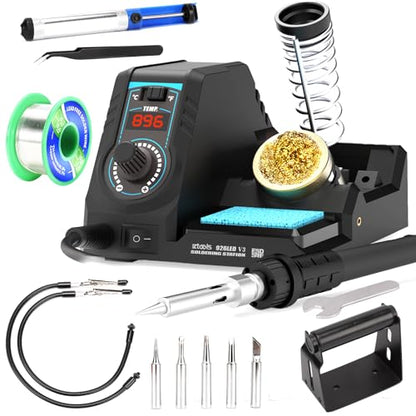 926LED V3 Entry-Level 60W Soldering Station Iron Kit in Black with Temperature Control includes Helping Hands, Lead-Free Solder, 6 Soldering Tips, ESD-Safe Tweezers, Sleep Mode - color: Black