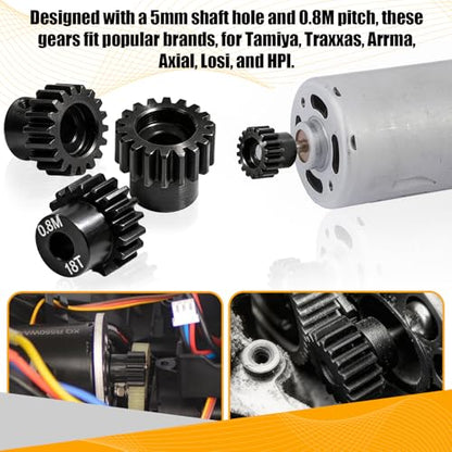 3-Pack Steel Metal 0.8M 5mm Pinion Motor Gear Sets 18T Compatible with HPI Kyosho Losi Axial Tamiya 1/8 1/10 RC Car Monster Truck Buggy, 0.8 Module Gear for Traxxsa Arrma - style: 3Pcs 18T