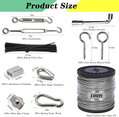 Roxanned 1/8" Wire Rope Kit 100FT | 7x7 Core Vinyl Coated Stainless Steel Cable with Turnbuckles | Heavy-Duty for String Light, Garden Fence, Plant Hanger & Outdoor Decor - size: 100 ft