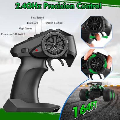 Remote Control Car, Rechargeable 1:18 Rc Cars, All-Terrain RC Truck | Remote Control Truck for Boys 4-7 8-12 with LED Light, 20KM/H, 2WD, 2.4GHz, Sturdy PVC Shell, Beginner-Green - color: Green