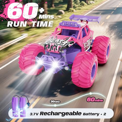 Remote Control Car, All Terrain RC Cars with Speed Switch RC Truck with LED Headlight and Rechargeable Batteries, 20KM/H Monster Truck Toys Gift for Girls Age 6-8 8-12, Pink - color: Pink