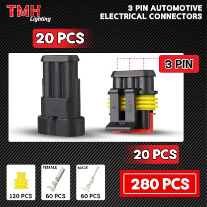 TMH 280 Pcs 3 Pin Electrical Connector Kit Automotive Electrical Wire Terminal Connectors Male&Female Pin Automotive for Car Truck Motorcycle Marine Boat - size: 3 Pin (280 Pcs)