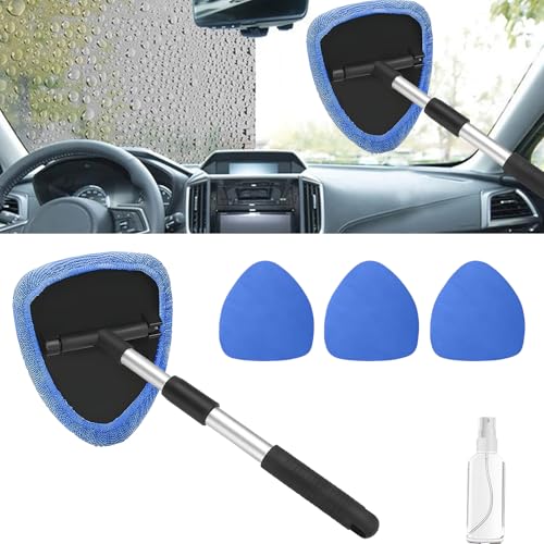 Windshield Cleaning Tool, Car Window Cleaner with Extendable Handle, 4 Microfiber Pads and Spray Bottle, Auto Interior Exterior Glass Wiper Cleaning Kit Universal for RV, SUV, Truck (Blue) - color: Blue