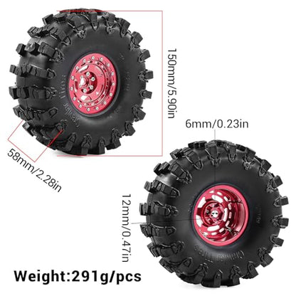 2.2" Beadlock Wheel Rims and Rubber Crawler Tires 150mm (5.91in) for 1/10 RC Crawler SCX10 RBX10 Wraith TRX4 (Red) - color: Red