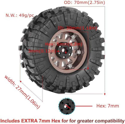 4PCS 1.3" Aluminum Alloy Beadlock Wheel Rims All-Terrain Tyre 70mm Rubber Tires Set with 5mm & 7mm Hex for 1/12 1/14 1/18 1/24 RC Rock Crawler Car Upgrade Parts (C-Gray) - color: C-gray