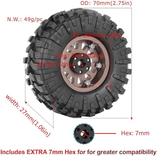 4PCS 1.3" Aluminum Alloy Beadlock Wheel Rims All-Terrain Tyre 70mm Rubber Tires Set with 5mm & 7mm Hex for 1/12 1/14 1/18 1/24 RC Rock Crawler Car Upgrade Parts (C-Brown) - color: C-brown