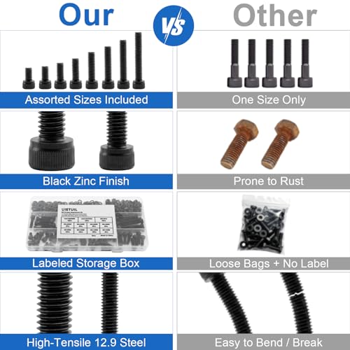544Pcs UIETUIL M4 Hex Socket Head Cap Screws Kit, M4x6-30mm, 12.9 | M4x6/8/10/12/16/20/25/30mm Hex Socket Head Cap Bolts with Nuts & Washers, 12.9 Grade Alloy Steel, Anti-Rust for 3D Printer, - size: M4 Cap 12.9 - 544PCS