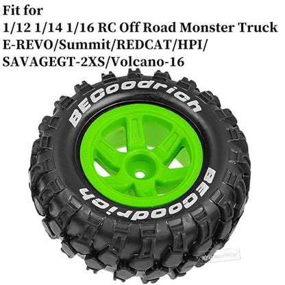 RC Wheels and Tires Off-Road Buggy Tires for 1/12 1/14 1/16 RC Off Road Monster Truck E-REVO Summit REDCAT HPI SAVAGEGT-2XS Volcano-16,1/12 1/14 1/16 Wheels Tires Set Pre-glued,Green