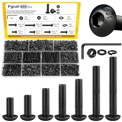660PCS M4 Screws with Nuts Assortment Kit, M4-0.7 x 6/8/10/12/16/20/30 mm Hex Button Head Cap Bolts, Nuts & Washers Assorted Set - Grade 10.9 Alloy Steel Machine Screw, Black Zinc Plated - size: M4 660pcs