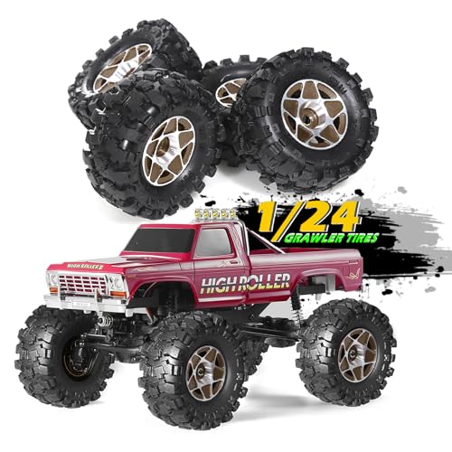 REDSPIDER 1.0 Beadlock Wheels and Tires Set（4pcs） 1.0 Crawler Tires 57 * 25mm Aluminum Alloy 1.0 Wheel 1/18 1/24 RC Crawler Tires for SCX24 TRX4M FMS FCX24 FCX18 AX24 (Brown) - color: Brown