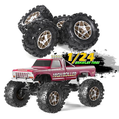 REDSPIDER 1.0 Beadlock Wheels and Tires Set（4pcs） 1.0 Crawler Tires 57 * 25mm Aluminum Alloy 1.0 Wheel 1/18 1/24 RC Crawler Tires for SCX24 TRX4M FMS FCX24 FCX18 AX24 (Brown) - color: Brown