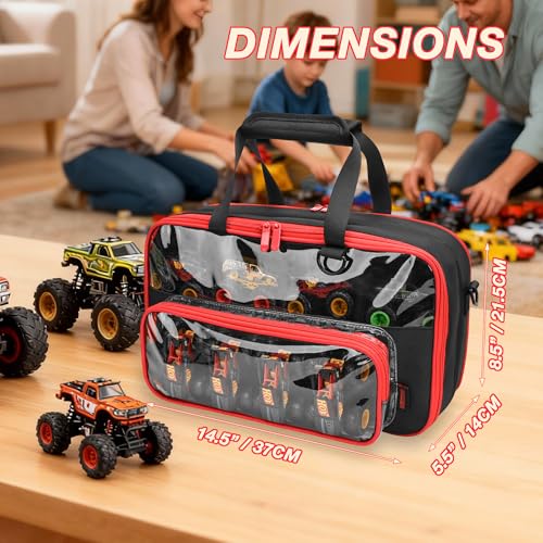 CROTIRAD 1:64 Scale Monster Truck Storage Case, Holds 20+ Die-Cast Vehicles | Carrying Organizer with Removable Dividers, Velvet Lining, Clear PVC Panels, Front Pocket, Shoulder Strap and D-Ring, Black