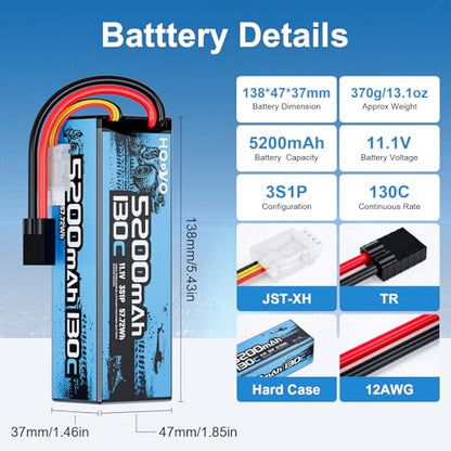 HOOVO 3S Lipo Battery,5200mAh 130C 11.1V Lipo Batteries Pack TR Plug 2 Pack | Hardcase RC Battery for RC Car,Boat,Truck,Truggy Racing Hobby FPV Racing Model