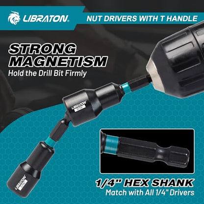 LIBRATON 27PCS Magnetic Nut Driver Set, Ratcheting T Handle, Metric&SAE | Nut Driver Set for Impact Drill, Long Socket Set, Drill Bits, Socket Adapters, Wing Nut Driver, Magnetic Holder, Storage Case - style: 27PCS With Handle