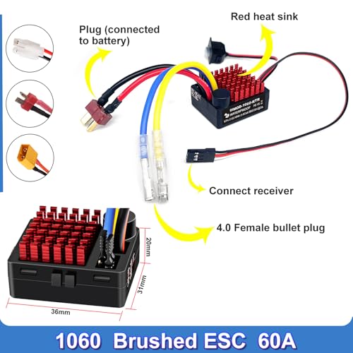 WP 1060 2-3s 60A Brushed ESC [XT60 Plug] Waterproof Brushed Electronic Speed Controller with Switch Mode BEC, RC ESC for 1/10 Scale RC Crawler Car Trucks - color: Black-yellow