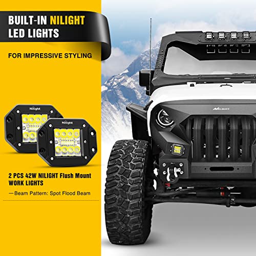 Nilight Front Bumper Grill for 2007-2015 2016 2017 2018 Wrangler JK&Unlimited 2/4 Doors with Winch Plate 2x42w LED Work Light Pods Textured Black Solid Steel Off-Road - color: Front Bumper Grill