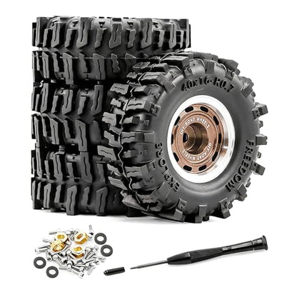 0.7” Wheel & Mud Terrain Tire Set for 1/30 RC Crawler, -1.00mm Offset, Axial SCX30 & Redcat Ascent-32, CNC Aluminum Rims, 5mm Hex, Shims Screwdriver Included, Pre-Assembled, 4 pcs, Brown - color: Brown, size: Loose-dirt-mud-bite