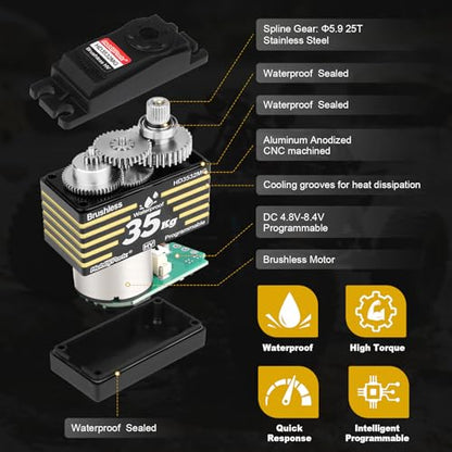 HobbyPark Waterproof 35KG Servo High Torque Brushless Motor Metal Gears Digital w/Aluminum Horn for 1/8 1/10 RC Crawlers Trucks Cars Buggy Basher Bashing Robotic DIY Control Angle 180°