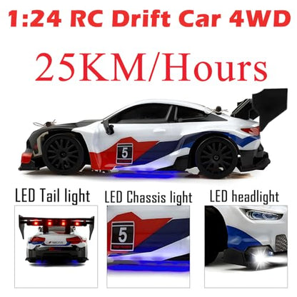 HTURCCOP RC Drift Car 2.4GHz 1:24 Scale 4WD 25KM+/H High Speed Model Vehicle with LED Lights Drifting Tire Racing Sport Toy Car for Adults Boys Girls Kids Gift (White) - color: White