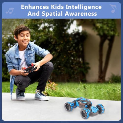Gesture Sensing RC Stunt Car for Boys, Remote Control Toys for Kids Age 5-7, 6-8, 9 10 11 12+ Years Old Birthday Gifts, 2.4GHz Hand Controlled RC Drift Car with Light & Music, Double-Sided Driving - color: Deep Gray Blue