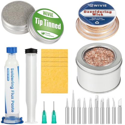 Soldering Tip Cleaning Kit, Includes Tip Tinner Brass Wire, Solder Wick, Cleaning Sponge, Solder Flux & Solder Iron Tips, By WIVIE