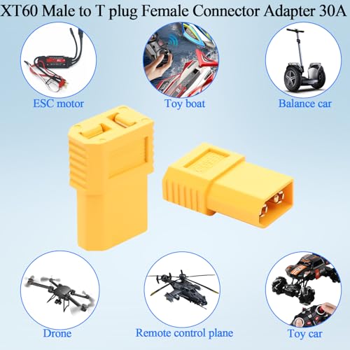 QIANRENON XT60 to T Plug High Current Adapter 30A XT60 Male to T Connector Female Converter XT60 to T-Plug RC Battery Connector, Compatible Deans Connector, for Model Airplane Electric Car,2Pcs