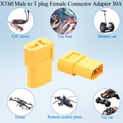 QIANRENON XT60 to T Plug High Current Adapter 30A XT60 Male to T Connector Female Converter XT60 to T-Plug RC Battery Connector, Compatible Deans Connector, for Model Airplane Electric Car,2Pcs