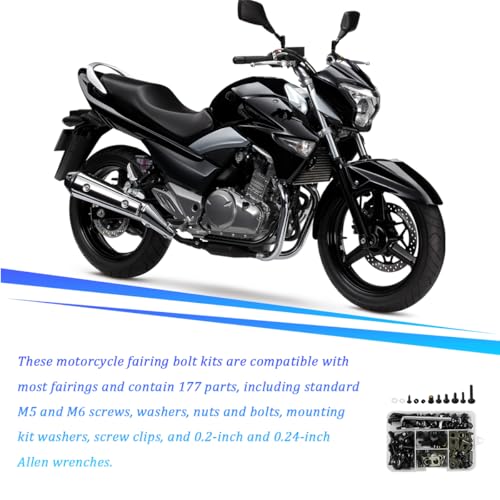 195PCS M5 M6 Motorcycle Fairing Bolt Kits, Stainless Steel Windshield Fairing Screws Fastener, Motorbike Windscreen Bolts Nut Clips Kit, Universal for Dirt Bike Scooters Motocross (Black) - color: Black
