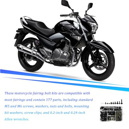 195PCS M5 M6 Motorcycle Fairing Bolt Kits, Stainless Steel Windshield Fairing Screws Fastener, Motorbike Windscreen Bolts Nut Clips Kit, Universal for Dirt Bike Scooters Motocross (Black) - color: Black