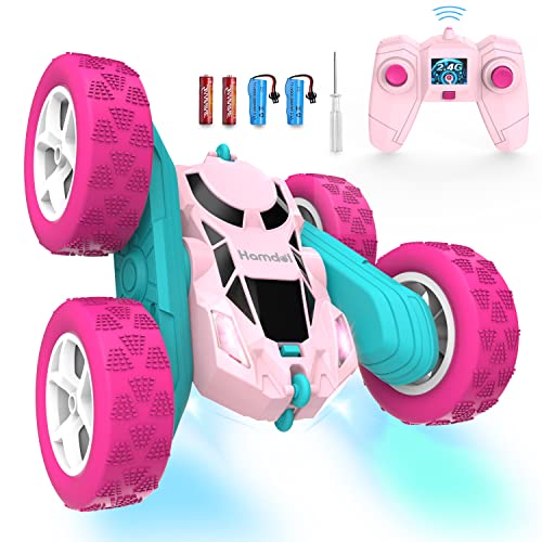 Hamdol Pink Remote Control Car for Girls, 360° Flipping Stunt Car with LED Headlights, Rechargeable 4WD Electric Toy Vehicle, Princess Gift for 6 7 8 9 10 11 Year Old Girls, Birthday & Christmas Toy - color: Pink, size: Standard (Headlights)