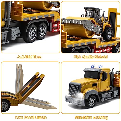 Fistone RC Semi Truck with Trailer, 1:24 RC Semi-Trailer Engineering Tractor with Sound and Lights, 2.4Ghz Remote Control Flatbed Truck with Road Roller Toys, Construction Vehicles Toy for Boys - style: Truck & Road Roller Toy