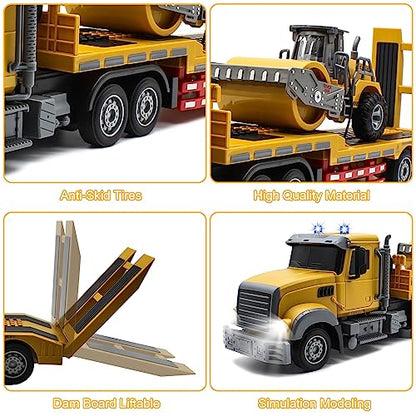 Fistone RC Semi Truck with Trailer, 1:24 RC Semi-Trailer Engineering Tractor with Sound and Lights, 2.4Ghz Remote Control Flatbed Truck with Road Roller Toys, Construction Vehicles Toy for Boys - style: Truck & Road Roller Toy