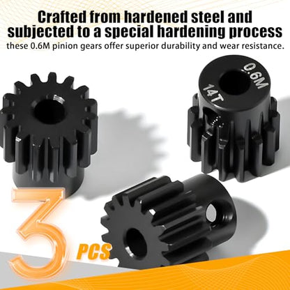 3PCS 0.6M Hardened Steel Pinion Gear Set with 3.175mm Shaft, 0.6 Metric Pitch 14T 15T 16T Pinion Gears for 540 550 Brushed Brushless Motor, Compatible with 1/10 Tamiya Redcat HSP HPI RC Car - size: 14 15 16T
