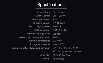 ISDT P10 DC 250W 10A Dual Channel Lipo Battery Charger, XT60 Smart Charger for 1-6S Life/LiIon/LiPo/LiHv