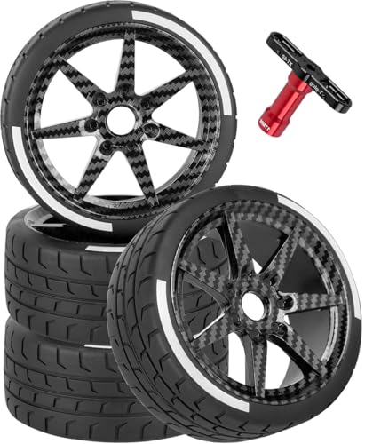 RC Highway Tires Wheel for 1/7 Infraction 6S BLX/Limitless,1/8 Typhon 6s BLX,7 Spokes Wheel Rim & Rubber Highway Tires RC Drift Tires,Black Carbon Surface (New) - color: (Black)carbon Surface - (4pcs Highway Tires)