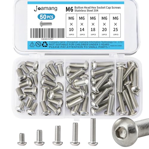 M6 x 10mm 14mm 18mm 20mm 25mm Button Head Socket Cap Screws Bolts, Stainless Steel 304, Metric Allen Hex Drive, Bright Finish, Fully Threaded, Assortment Kit 50PCS - size: Button M6x10-25 mm