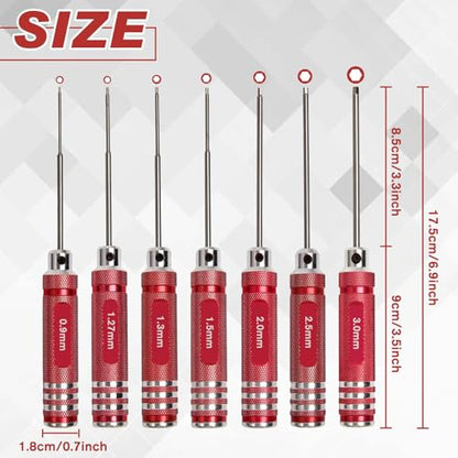 Hex Screw Driver Set 7 PCS RC Tool Kits 0.9, 1.27, 1.3, 1.5, 2.0, 2.5, 3.0mm Metric Hex Driver Set Micro Hexagon Allen Wrench Screwdriver Kit for RC Car Drone Multi-Axis Helicopter Models