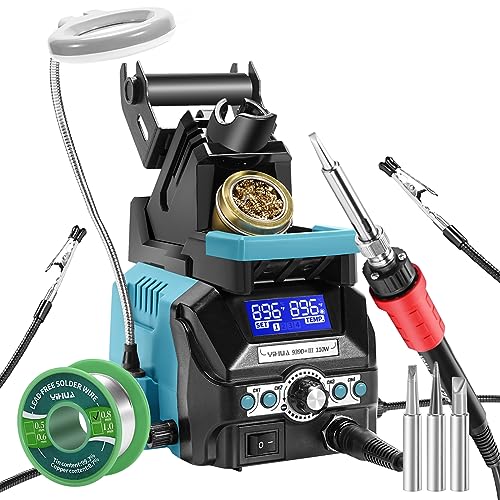 YIHUA 939D+ III EVO Digital Soldering Iron Station Kit 110W High Power with LCD display, 4 Memory Channels, Sleep Mode, Digital Calibration, Solder Wire, Helping Hands, Magnifier, 3 Soldering Tips - style: EVO Style 110W