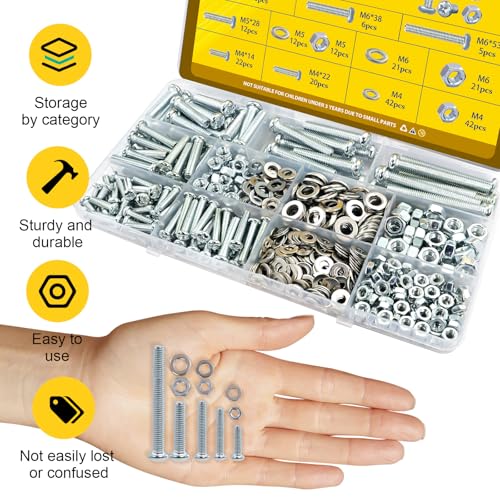 225pcs Screws and Nuts Assortment Kit,M4 M5 M6 Phillips Pan Head Assorted Nuts and Bolts,Washers Kit for Headboard, Wall Plate Switch, Receptacles Mounting Screws Silver - size: S M4M5M6 225pcs