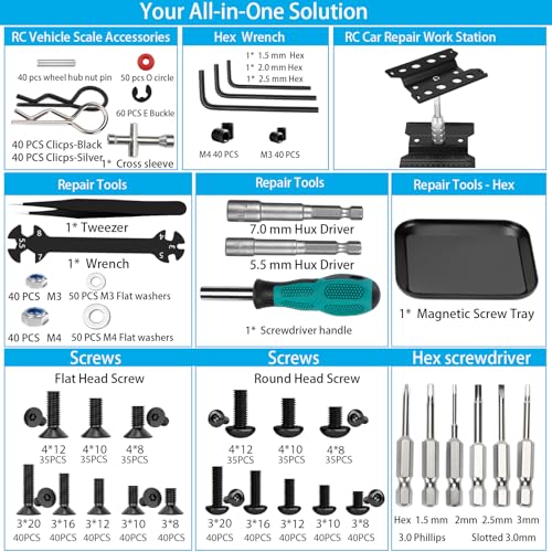 RC Car Repair Work Stand, 1100pcs RC Screw Kit and Vehicle Scale Accessories for Traxxas Axial Redcat Arrma HPI HSP SCX10 RC4WD 1/8 1/10 1/12 1/16 Scale RC Crawler Truck Buggy Car - color: Black
