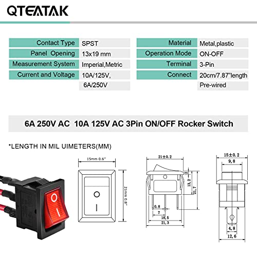 5 Pack Pre-Wired KCD1 On/Off Red LED Boat Rocker Switch | 3-Pin 2-Position Snap In, 10A/125V, 6A/250V - color: Red, size: AC 250V/6A 125V/10A - Pre-Wired