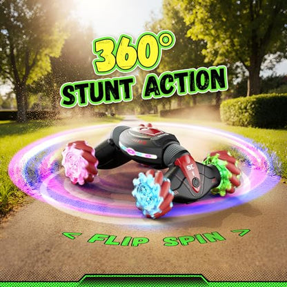 Contixo Kids Large Remote Control Car w/Gesture Sensor, Stunt Car, Red | Gesture Sensor, 4WD 360° Spins, Music, Lights & Spray, Side Drifts, Double-Sided Driving Off-Road Stunt - color: Red
