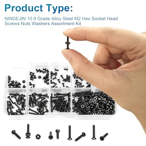 NINDEJIN M2 Screws, Metric M2-0.4 Flat Head Allen Socket Drive Screw, 452 pcs M2 Tiny Nuts Assortment Kit for 3D Printing Projects, RC Airplanes and Other Small Projects (9 Screw Lengths) - size: 452Pcs M2 3mm-20mm