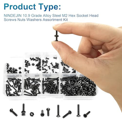 NINDEJIN M2 Screws, Metric M2-0.4 Flat Head Allen Socket Drive Screw, 452 pcs M2 Tiny Nuts Assortment Kit for 3D Printing Projects, RC Airplanes and Other Small Projects (9 Screw Lengths) - size: 452Pcs M2 3mm-20mm
