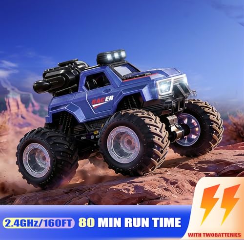 BEZGAR Remote Control Mosnter Truck, RC Cars with Mist Spray, Two Batteries | RC Truck with Music & LED Light, 360° Stunt Spins Monster Truck Toys for Boys 4-7, 40+ Mins Battery Life