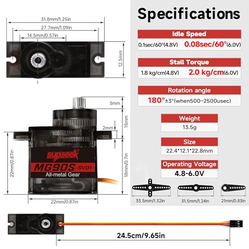 MG90S 9g Micro Servo Motor Kit, Metal Gear 2.0 kg-cm High Torque, 0.08 sec/60 deg 180° Rotation, for RC Plane Arduino Robotics (4pcs)
