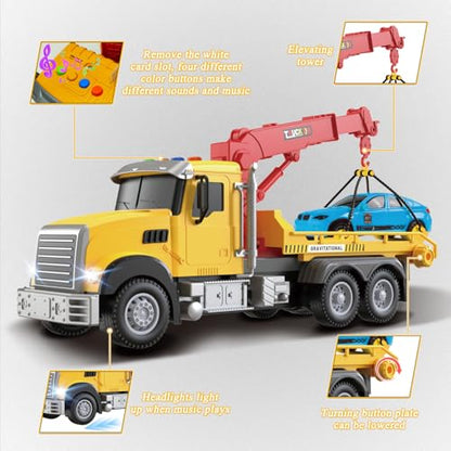 2.4GHz Remote Control Tow Truck for Kids – RC Log Truck with Racing Car, 4 Channel RC Transport Crane Vehicle Toy with Lights & Sounds, 28PCS Traffic Signs, 2 Batteries – Birthday Gift for Boys Girls